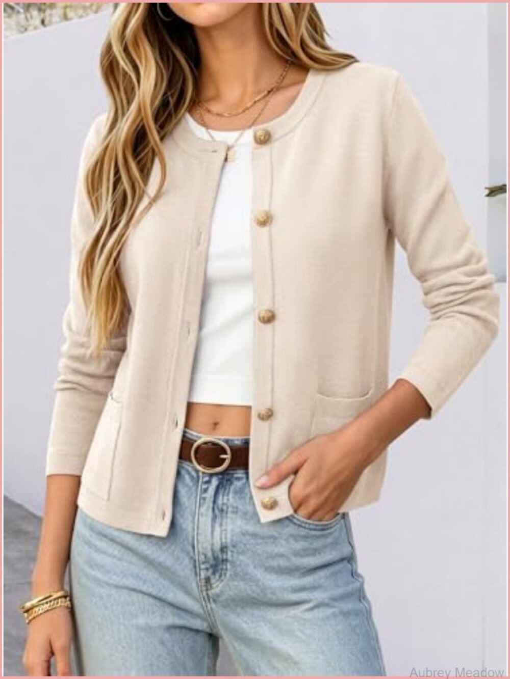 Women's Cropped Cardigan Sweater Button Down Striped Solid - Picture 2 of 7